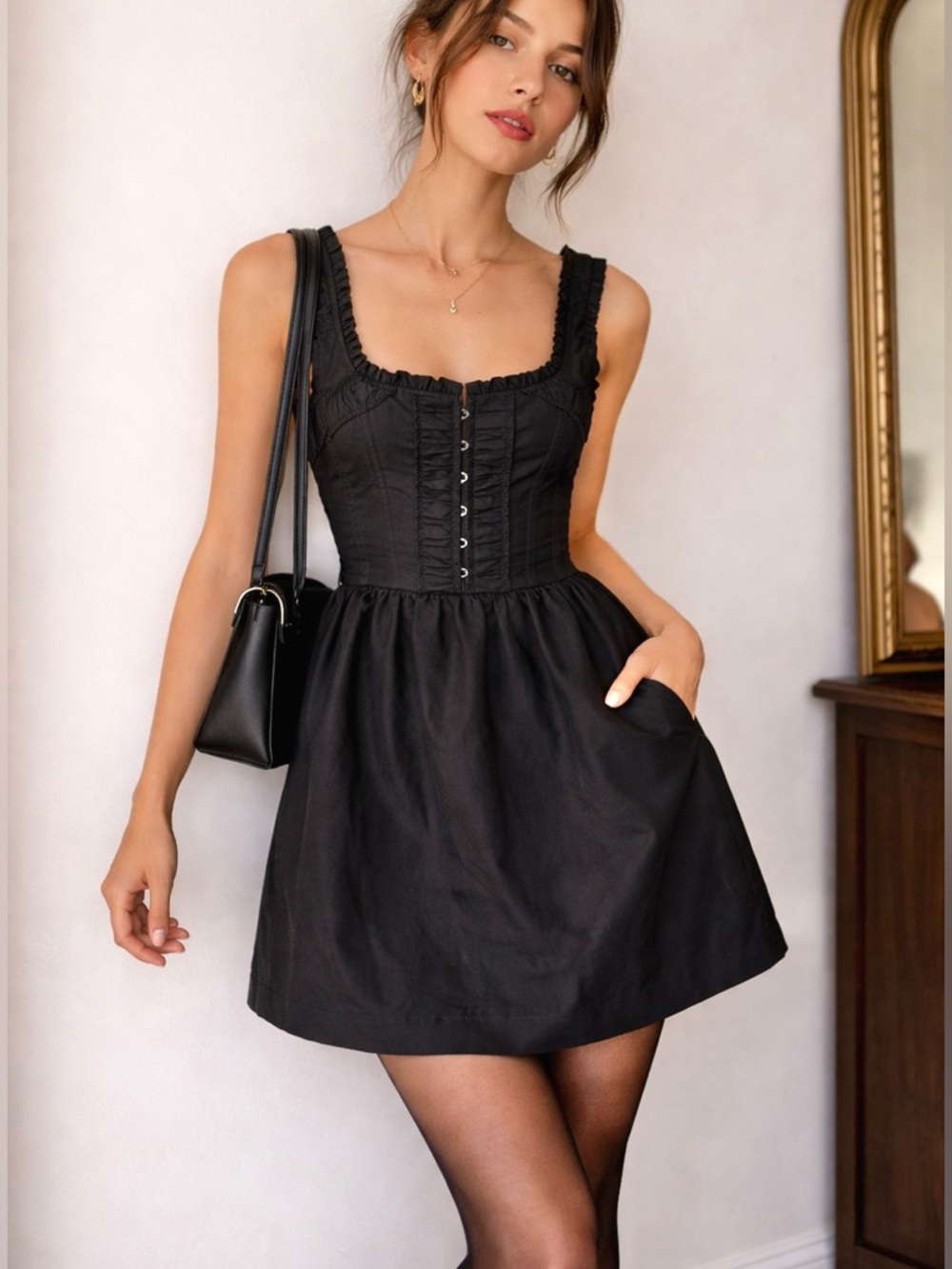 RED Valentino Black Corset Mini Dress Ruched Bust Designer Fit & Flare Pockets S - Picture 2 of 16